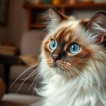 Gyönyörű birman macska hosszú bundával és kék szemekkel.