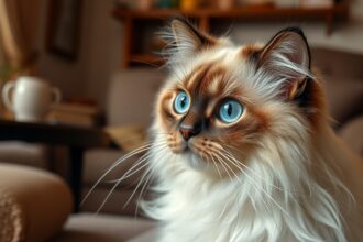 Gyönyörű birman macska hosszú bundával és kék szemekkel.