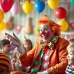 Bohóc gyerekbulin, vidám gyerekek és színes lufik között.