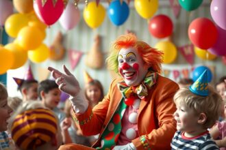 Bohóc gyerekbulin, vidám gyerekek és színes lufik között.