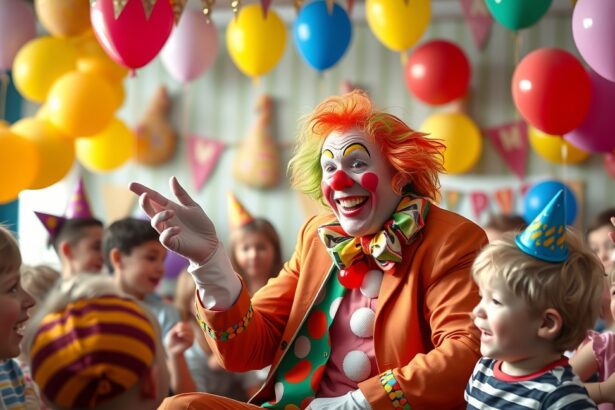 Bohóc gyerekbulin, vidám gyerekek és színes lufik között.