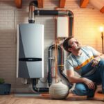 Szerelő a bojler cseréjénél otthoni környezetben.