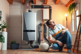 Szerelő a bojler cseréjénél otthoni környezetben.