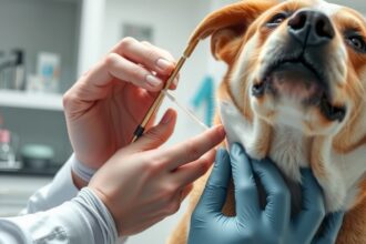 Kutyának chip beültetése állatorvosi rendelőben.