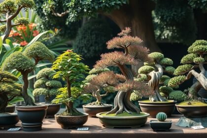 Bonsai fák különböző formákban és stílusokban egy asztalon.
