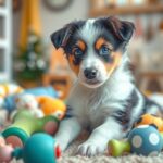 Kiskutya játékok között, border collie fajtájú