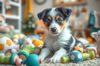 Kiskutya játékok között, border collie fajtájú