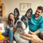 Boston terrier kutya eladásra, családi háttérrel.