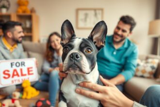 Boston terrier kutya eladásra, családi háttérrel.