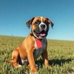 Boldog boxer kutya a fűben, napsütésben ülve.