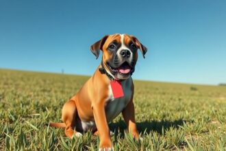 Boldog boxer kutya a fűben, napsütésben ülve.