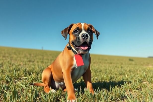 Boldog boxer kutya a fűben, napsütésben ülve.