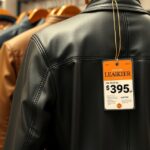 Fekete bőrdzseki árcímkével, háttérben más dzsekik