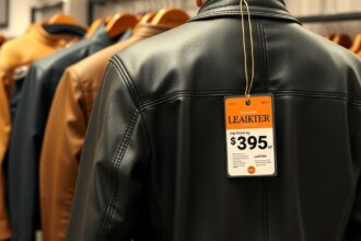 Fekete bőrdzseki árcímkével, háttérben más dzsekik