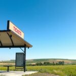 Vidéki buszmegálló a jegyvásárlási lehetőségekkel.