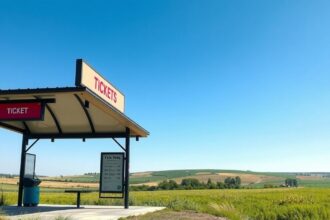 Vidéki buszmegálló a jegyvásárlási lehetőségekkel.
