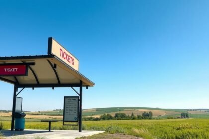 Vidéki buszmegálló a jegyvásárlási lehetőségekkel.