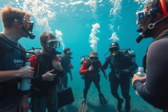 Búvárok egy tanfolyamon, felfedezik a víz alatti világot.