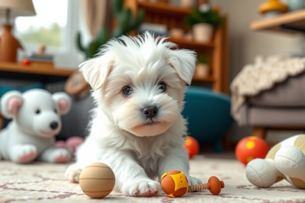 Coton de Tuléar kölyök játékokkal egy szobában