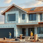 Családi ház építése 2025-ben, munkások és építőanyagok a helyszínen.