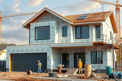 Családi ház építése 2025-ben, munkások és építőanyagok a helyszínen.