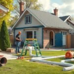 Csatorna bekötés folyamat építkezés közben, szakemberek dolgoznak.