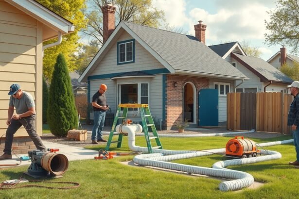 Csatorna bekötés folyamat építkezés közben, szakemberek dolgoznak.