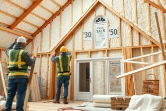Családi ház szigetelésének folyamata, építőmunkások a munkában