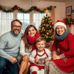 Családi karácsonyi fotózás ünnepi hangulatban.