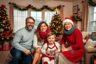 Családi karácsonyi fotózás ünnepi hangulatban.