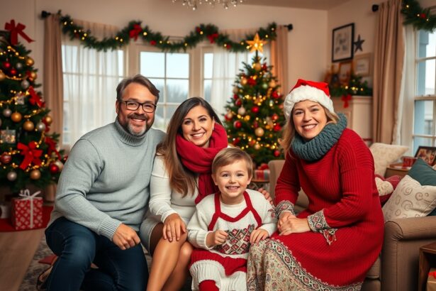 Családi karácsonyi fotózás ünnepi hangulatban.