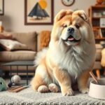 Egy boldog csau-csau kutya otthoni környezetben játékaival.