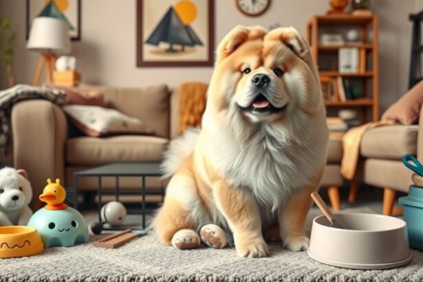 Egy boldog csau-csau kutya otthoni környezetben játékaival.