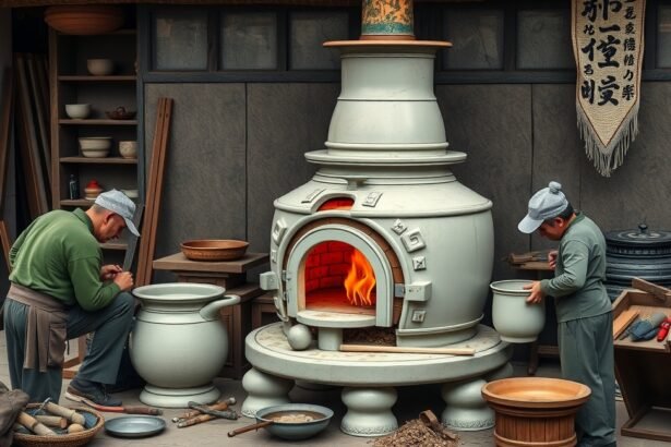 Munkások cserépkályhát átraknak, építkezés közben.