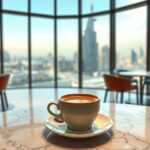 Kávé egy modern dubaji kávézóban a város panorámájával.