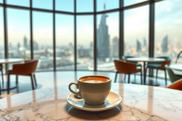 Kávé egy modern dubaji kávézóban a város panorámájával.