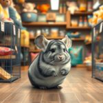 Szürke csincsilla a kisállat boltban, körülötte etetők és játékok.