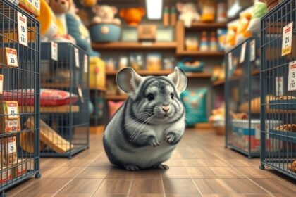 Szürke csincsilla a kisállat boltban, körülötte etetők és játékok.