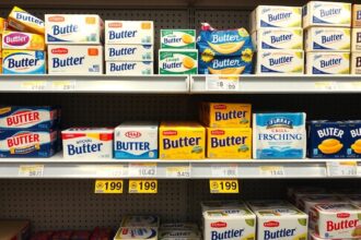 Csomagolt vajak és margarinok az üzlet polcán.