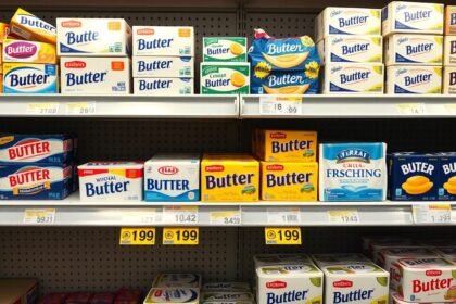 Csomagolt vajak és margarinok az üzlet polcán.