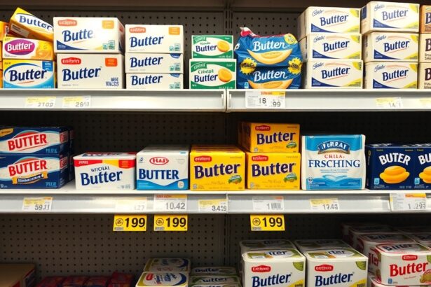 Csomagolt vajak és margarinok az üzlet polcán.