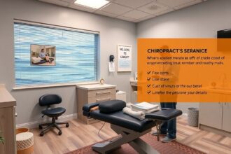 Csontkovács rendelő belső tere, kezelési asztallal és képekkel.