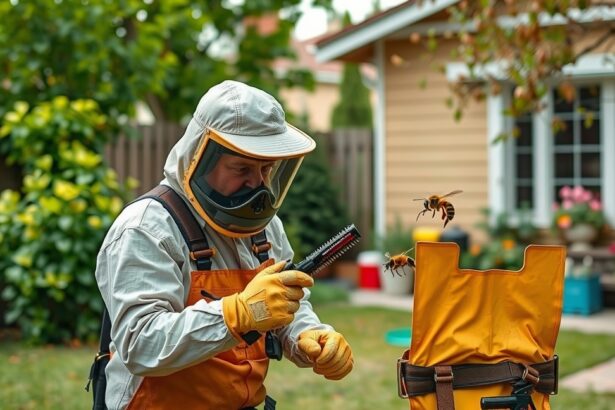Darázsirtás szakember munkában, méhek a közelben