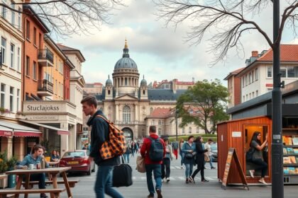 Diákok sétálnak Budapest egyik forgalmas utcáján