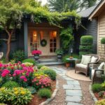 Gyönyörű díszkert családi házhoz, virágokkal és kényelmes bútorokkal.