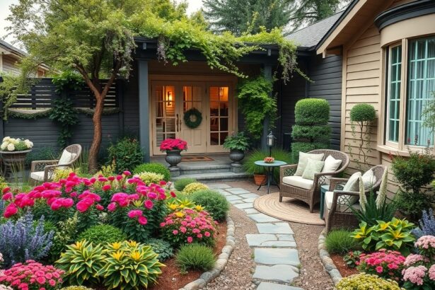 Gyönyörű díszkert családi házhoz, virágokkal és kényelmes bútorokkal.