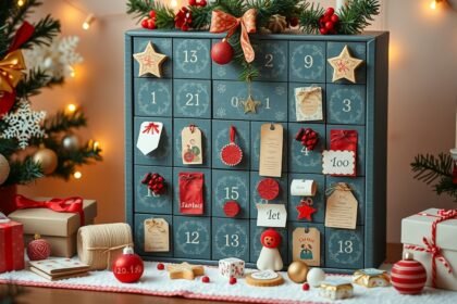 Kreatív DIY adventi naptár díszítve, karácsonyi hangulatban.