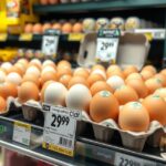 Friss tojások dobozban, különböző árakkal az üzlet polcán.