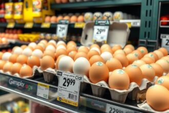 Friss tojások dobozban, különböző árakkal az üzlet polcán.