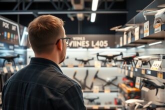 Férfi drónokat néz egy boltban, vásárlási lehetőségek azonosítása.